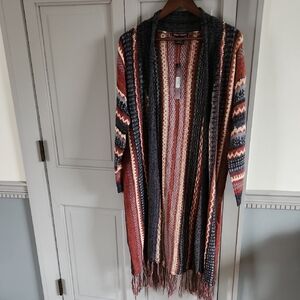 Western Cowgirl Striped Cardigan with Fringe Long